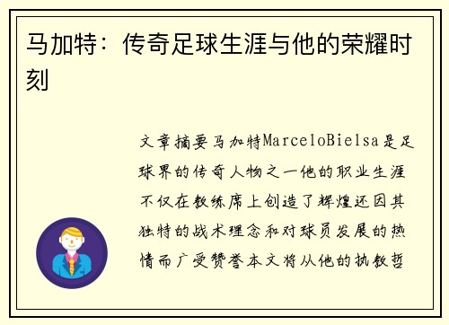 马加特：传奇足球生涯与他的荣耀时刻
