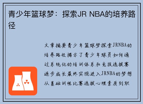 青少年篮球梦：探索JR NBA的培养路径